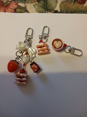 Cute Strawberry & Dessert Charm Keychain Set - White Bow
